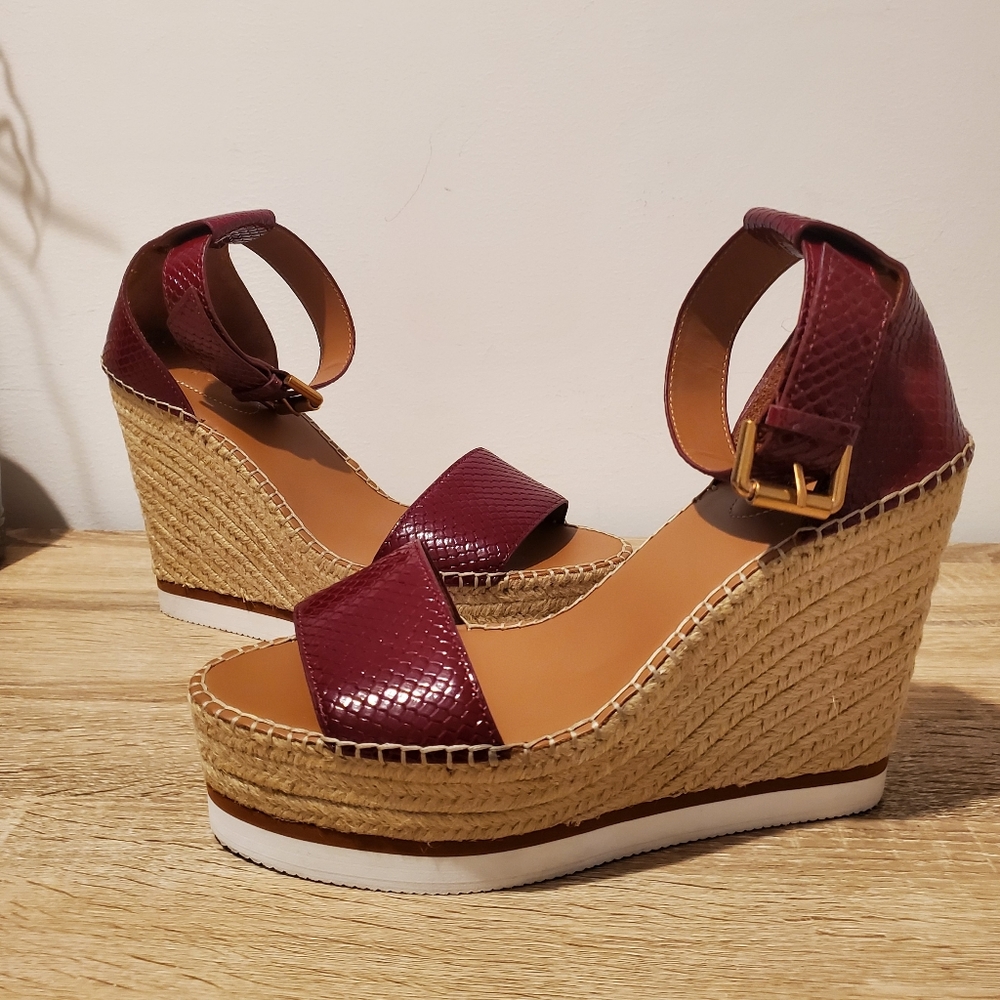 🛑SOLD- See By Chloe espadrille wedge platform sandals tan burgundy size EU 41